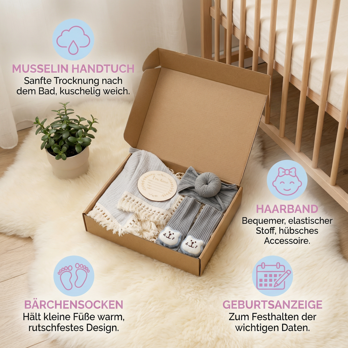 Baby Pflege Geschenkbox – Handtuch, Socken oder Haarband & Badebürste für Neugeborene