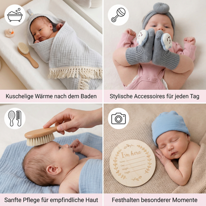 Baby Pflege Geschenkbox – Handtuch, Socken oder Haarband & Badebürste für Neugeborene