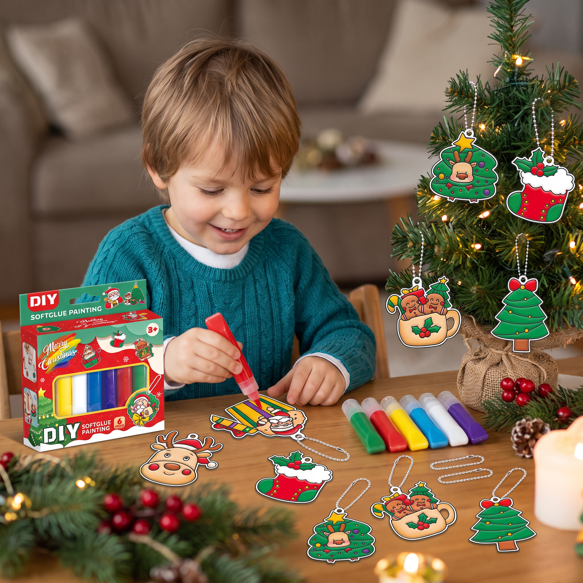 DIY-Weihnachtsanhänger-Bastelset mit kleberfreier Maltechnik für Kinder